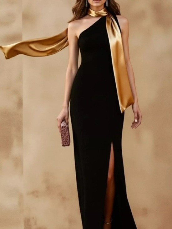 Dresses & Skirts - One-Shoulder Black Evening Gown with Gold Scarf. Plus Size Available
